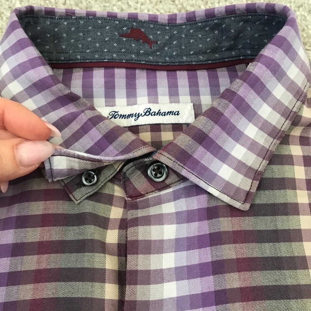 Tommy Bahama Button Up Shirt Mens Size Large Silk Blend Long Sleeve Purple Check - Picture 7 of 11